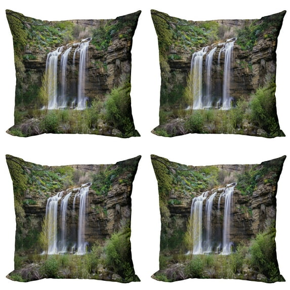 Ambesonne Nature Throw Pillow Cover 4 Pack, Waterfall Forest Sicily, 16", Brown Green White