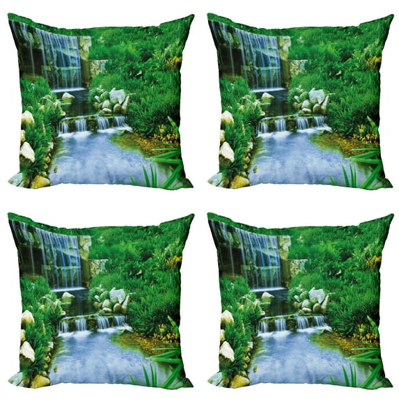 Ambesonne Nature Throw Pillow Cover 4 Pack, Waterfall Rocks Forest, 18", Fern Green Pale Blue