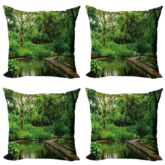 Ambesonne Nature Throw Pillow Cover 4 Pack, Wild Exotic Forest Pier, 24", Hunter Green Brown