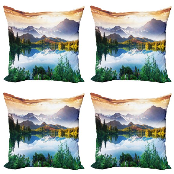 Ambesonne Nature Throw Pillow Cover 4 Pack, Winter Mountains Morning, 18", Multicolor