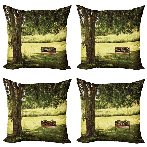 Ambesonne Nature Throw Pillow Cover 4 Pack, Wooden Bench at Park, 24", Green Brown