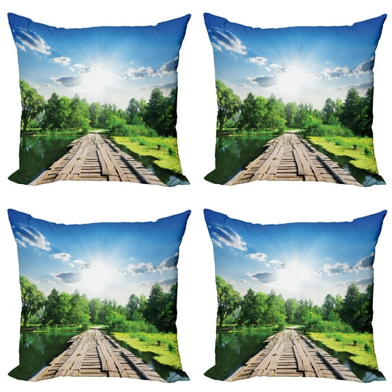 Ambesonne Nature Throw Pillow Cover 4 Pack, Wooden Bridge on River, 18", Blue Green