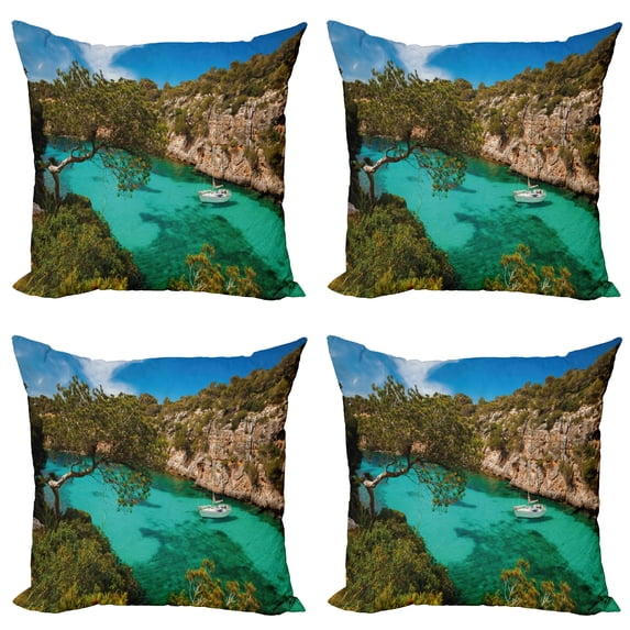 Ambesonne Nature Throw Pillow Cover 4 Pack, Yacht on Sea Scenic View, 18", Green Aqua Blue