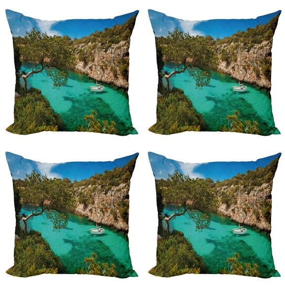 Ambesonne Nature Throw Pillow Cover 4 Pack, Yacht on Sea Scenic View, 20", Green Aqua Blue