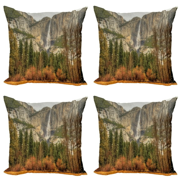Ambesonne Nature Throw Pillow Cover 4 Pack, Yosemite Falls Trees, 16", Orange Green