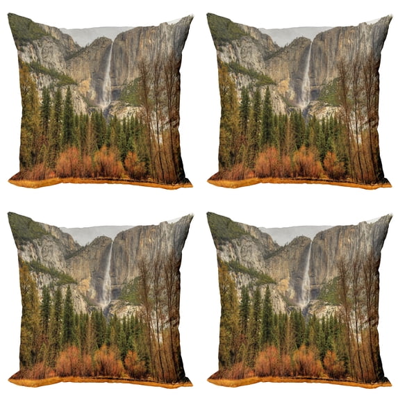 Ambesonne Nature Throw Pillow Cover 4 Pack, Yosemite Falls Trees, 20", Orange Green