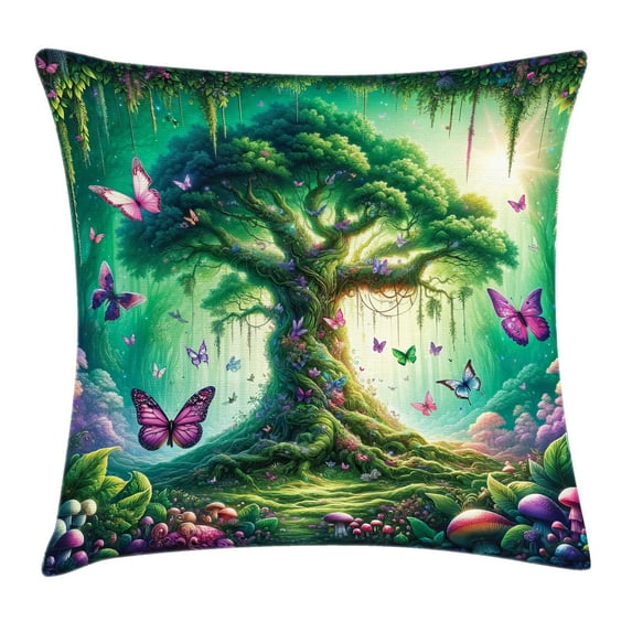 Ambesonne Nature Throw Pillow Cushion Cover, Dreamy Life Tree Butterflies, 40" X 40", Fern Green Pale Purple