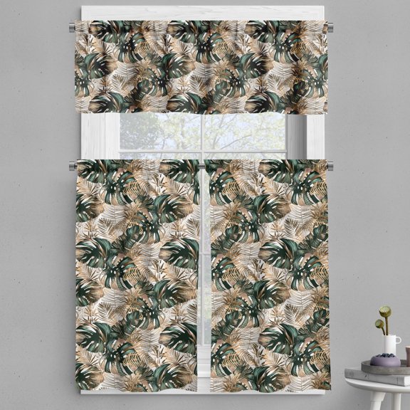 Ambesonne Nature Valance & Curtain, Exotic Leaf Sketch Pattern, 55"x30", Hunter Green Ivory and Sepia