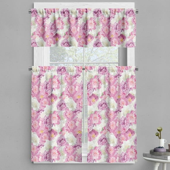 Ambesonne Nature Valance & Curtain, Mosaic Peony Flowers Art, 55"x30", Pink Purple White