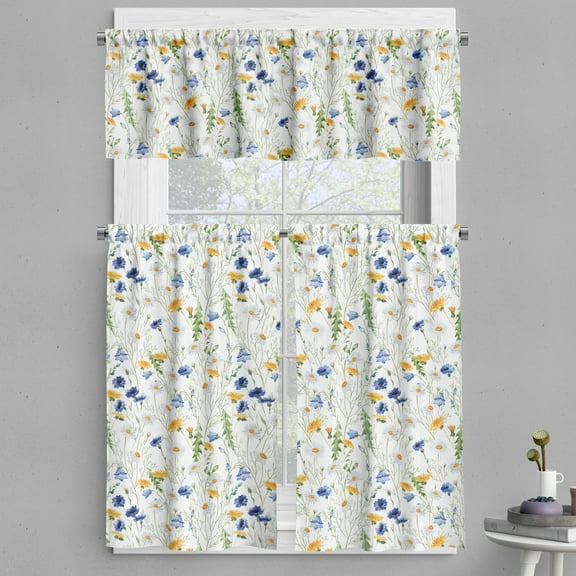Ambesonne Nature Valance & Curtain, Poppies Daisies Rural, 55"x24", Pale Green Yellow Blue