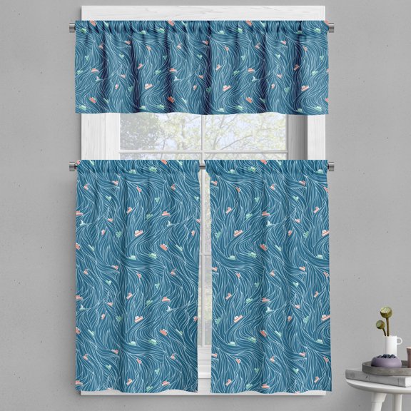 Ambesonne Nature Valance & Curtain, Waves and Ships Cartoon, 55"x45", Petrol Blue Jade Green