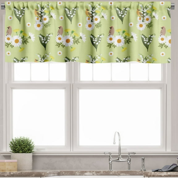 Ambesonne Nature Valance Pack of 2, Flowers and Waxwings Bird, 54"X18", White Olive Green