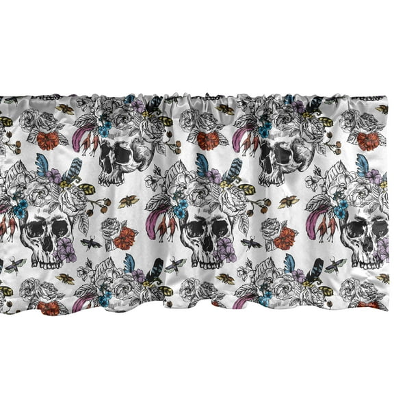 Ambesonne Nature Valance Pack of 2, Goth Skull Pattern Butterfly, 42"X18", Eggshell Charcoal Grey