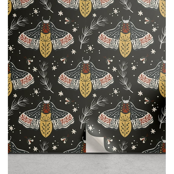 Ambesonne Nature Vibes Peel & Stick Wallpaper for Home, Moth Drawing Leafy, 13"x72", Mustard Purpleblue