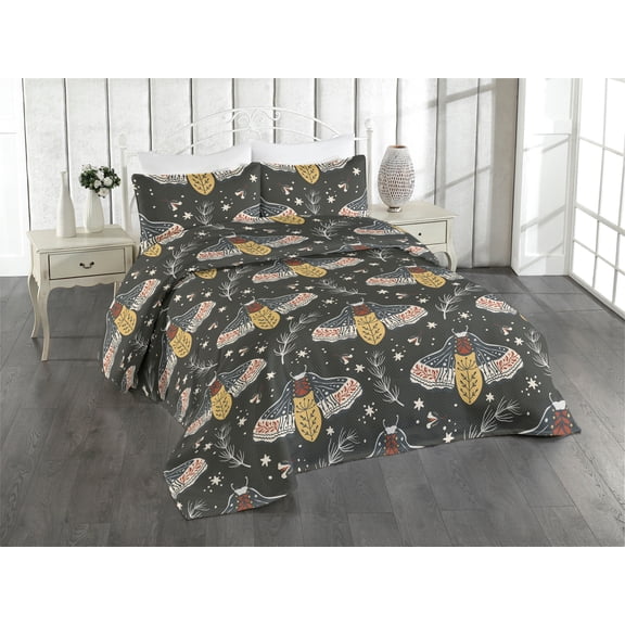 Ambesonne Nature Vibes Quilted Bedspread Set 3 Pcs, Moth Drawing Leafy, Twin, Mustard Purpleblue