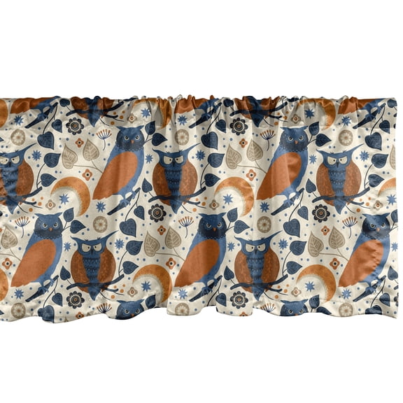 Ambesonne Nature Window Valance, Bohemian Owls Crescent Moon, 42" x 12", Cinnamon Sea Blue and Ivory