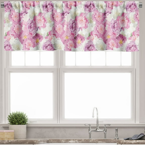 Ambesonne Nature Window Valance, Mosaic Peony Flowers Art, 54" X 18", Pink Purple White