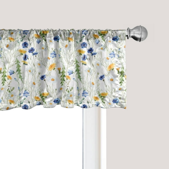 Ambesonne Nature Window Valance, Poppies Daisies Rural, 54" X 12", Pale Green Yellow Blue