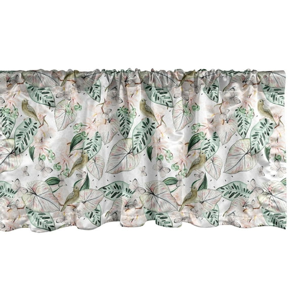 Ambesonne Nature Window Valance, Wild Butterfly Bird Leafy, 42" x 18", Ivory Forest Green