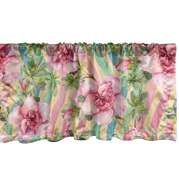 Ambesonne Nature Window Valance with Rod Pocket, Flowers Wavy Colorful Lines, 54" x 12", Pastel Pink and Olive Green