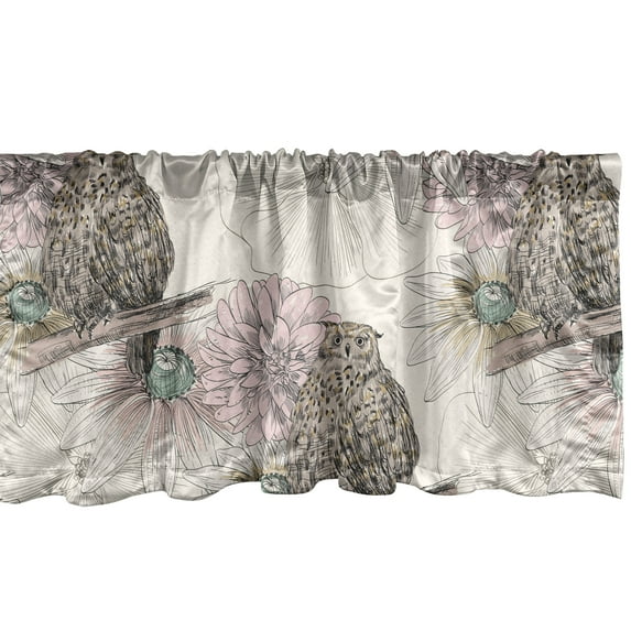 Ambesonne Nature Window Valance with Rod Pocket, Sketchy Owls Flowers Plot, 54" x 12", Dark Eggshell Pale Teal