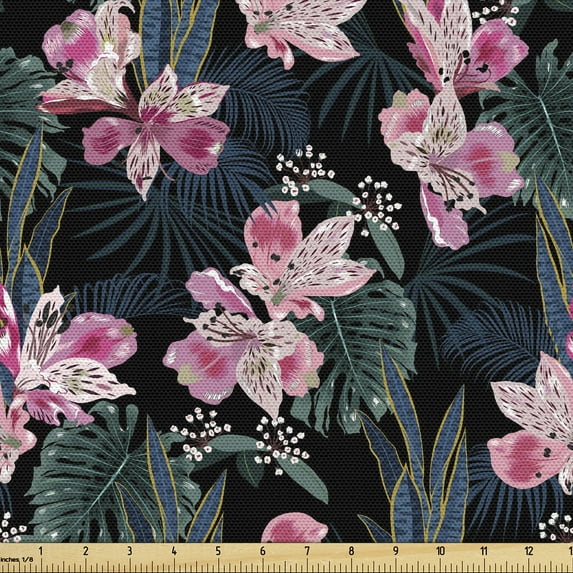 Ambesonne Nature Wonders Fabric by the Yard Upholstery, Orchids and Greenery, 3 Yards, Pink Dark Teal Jade Green