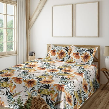 Ambesonne Nature Wonders Fitted & Flat Sheet with Shams 4 Pcs Set, Dried Daisies Autumn, King, Amber Dusk Dark Green
