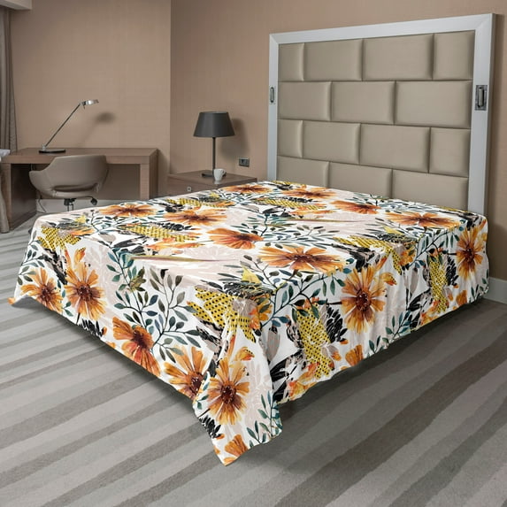 Ambesonne Nature Wonders Flat Bedding Sheet Soft Top Sheet, Dried Daisies Autumn, California King, Amber Dusk Dark Green