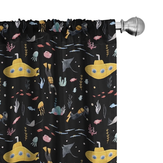 Ambesonne Nautical Window Curtains, Diver Submarine Coral Art, Each 28" W x 63" L, Dark Violet Blue and Orange