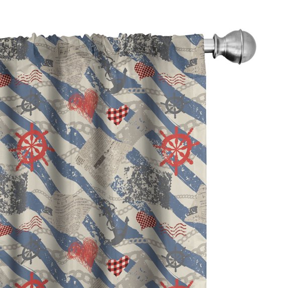 Ambesonne Nautical Window Curtains, Grunge Wheel Heart, Each 28" W x 95" L, Beige Red Blue