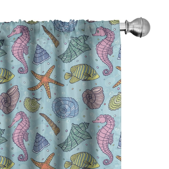 Ambesonne Nautical Window Curtains, Ocean Life Seahorse Fish, Each 28" W x 63" L, Pale Sky Blue Soft Pink