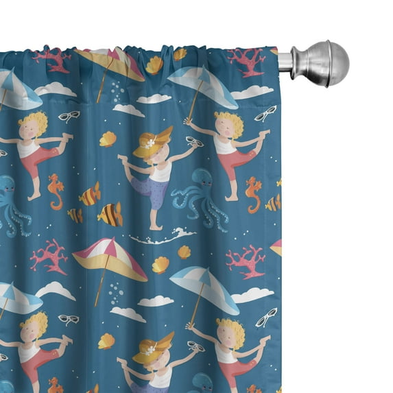 Ambesonne Nautical Window Curtains, Seashells Octopus Corals, Each 28" W x 63" L, Sea Blue Dark Orange