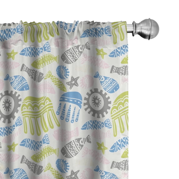 Ambesonne Nautical Window Curtains, Simplified Fish Jellyfish, Each 28" W x 95" L, Yellow Green Sea Blue