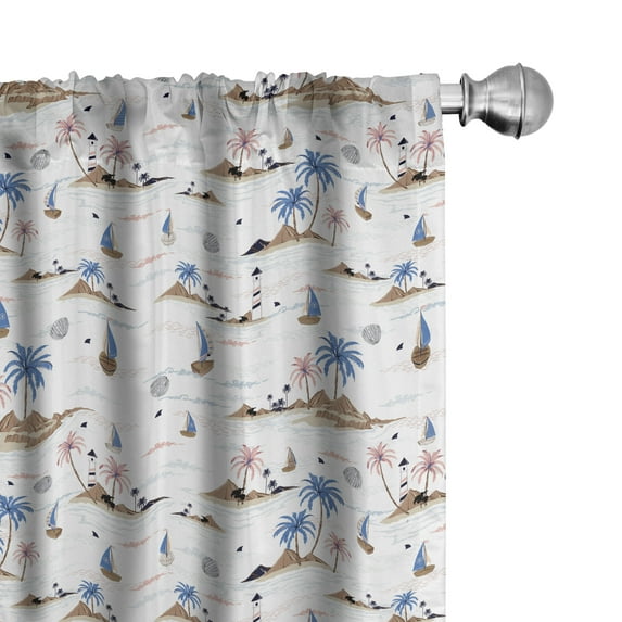 Ambesonne Nautical Window Curtains, Small Islands Palm Trees, Each 28" W x 95" L, Deep Sky Blue Camel