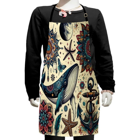 Ambesonne Nautical Apron with Adjustable Ties, Mandala Feathers Anchor, Small, Ivory Teal and Coral