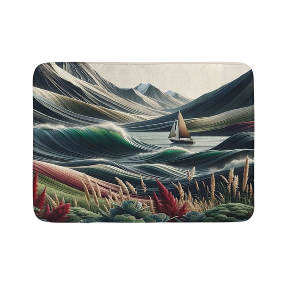 Ambesonne Nautical Bath Mat, Surreal Waves Boho Botany, 30.2" x 20", Sepia Green and Ruby
