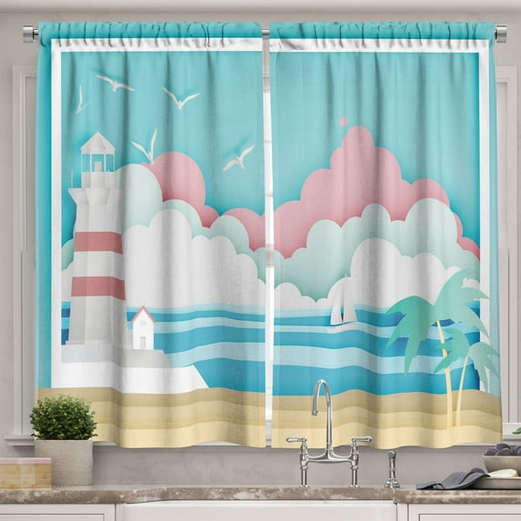 Ambesonne Nautical Beach Kitchen Curtains, Lighthouse Ocean, 55"x24", Seafoam Ecru Rose