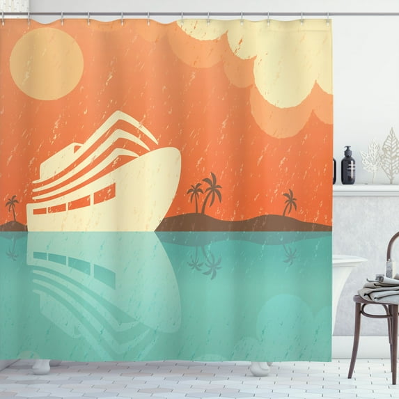 Ambesonne Nautical Beach Shower Curtain, Grunge Summer Yacht, 69"Wx70"L, Seafoam Dark Peach and Ivory