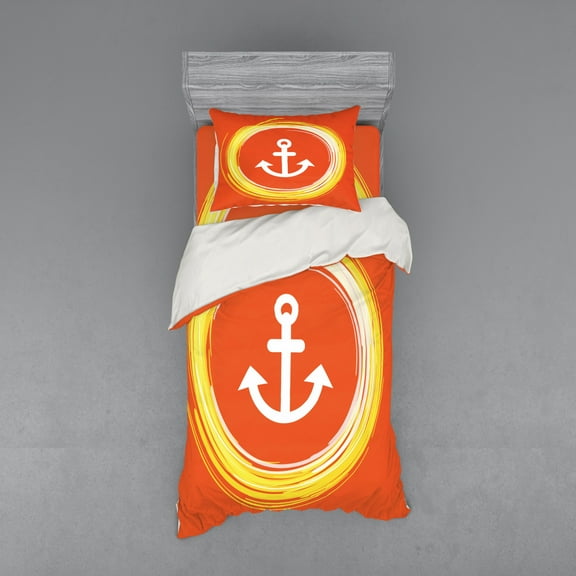 Ambesonne Nautical Bedding Set 3 Pcs, Anchor Image in Circle, Twin XL, Orange Yellow