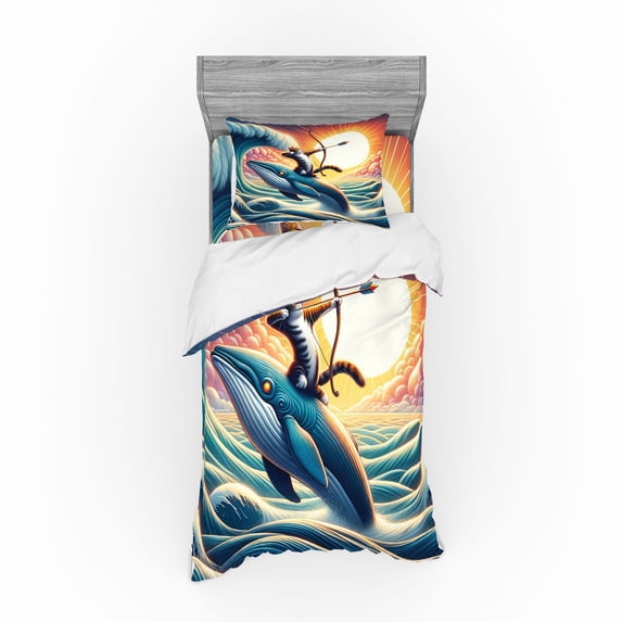 Ambesonne Nautical Bedding Set 3 Pcs, Archer Wild Cat on a Whale, Twin, Teal Purple and Orange