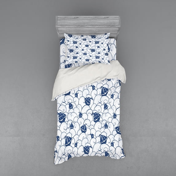 Ambesonne Nautical Bedding Set 3 Pcs, Boat on Ocean Journey, Twin XL, Blue and White