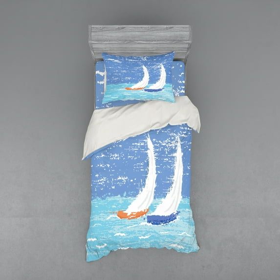 Ambesonne Nautical Bedding Set 3 Pcs, Grunge Sailboats Ocean, Twin XL, Pale Blue
