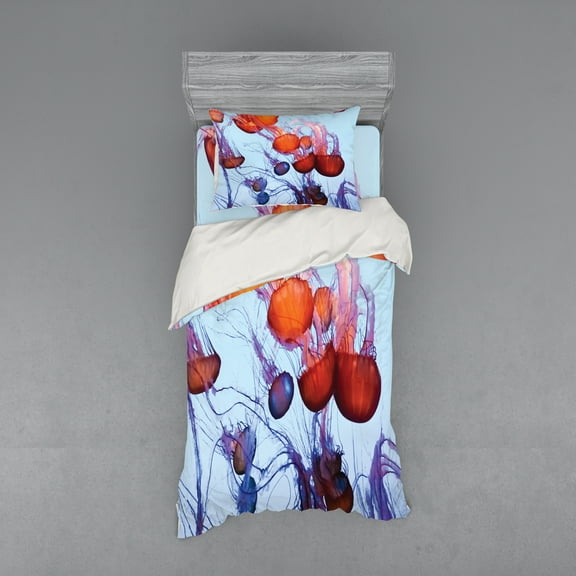Ambesonne Nautical Bedding Set 3 Pcs, Jellyfish in the Ocean, Twin, Pale Blue Rust