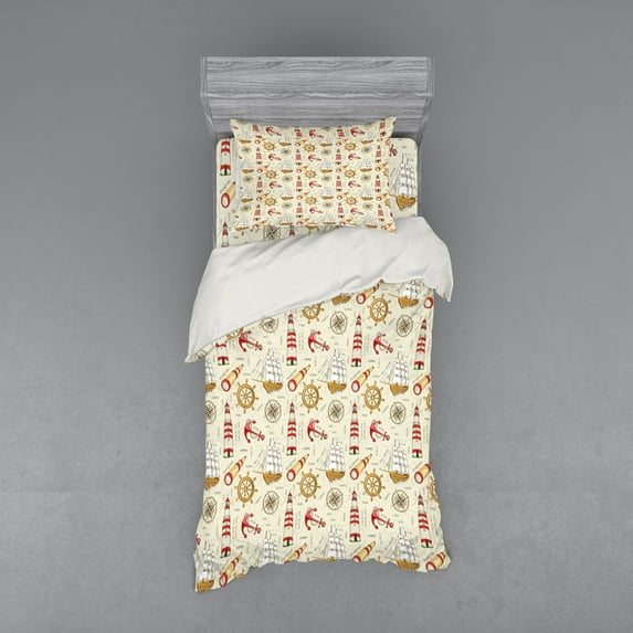 Ambesonne Nautical Bedding Set 3 Pcs, Lighthouse Ship Trip, Twin XL, Beige Red