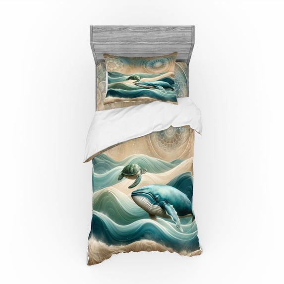 Ambesonne Nautical Bedding Set 3 Pcs, Mandala Whale and Turtle, TwinXL, Teal Ecru Blue