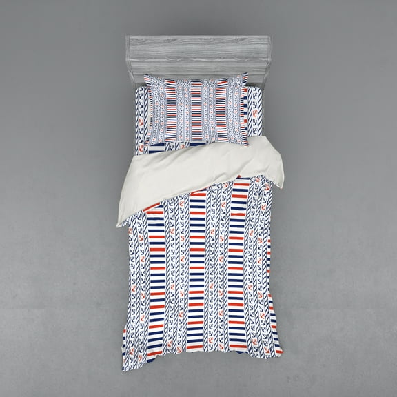 Ambesonne Nautical Bedding Set 3 Pcs, Marine Pattern Stripes, Twin, Night Blue Orange