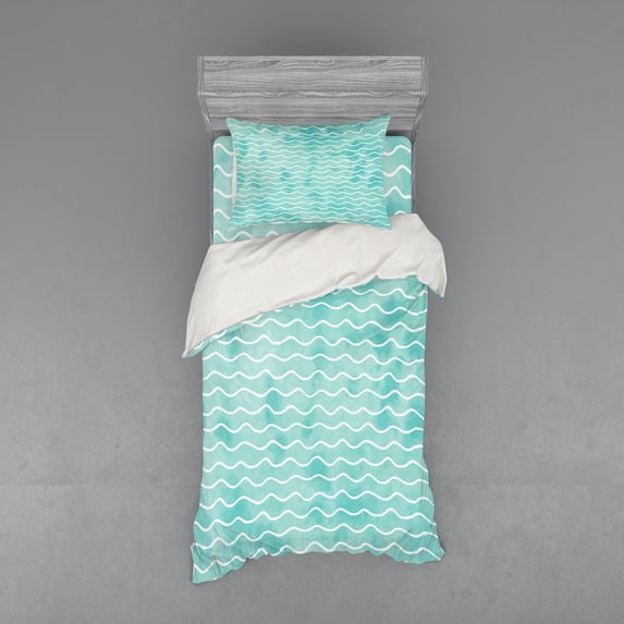 Ambesonne Nautical Bedding Set 3 Pcs, Ocean Sea Wave Pattern, Twin, Turquoise White