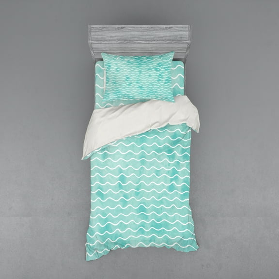 Ambesonne Nautical Bedding Set 3 Pcs, Ocean Sea Wave Pattern, Twin XL, Turquoise White