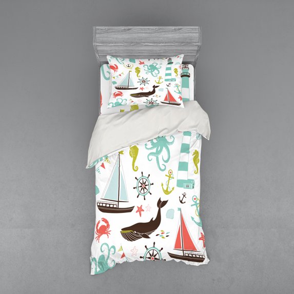 Ambesonne Nautical Bedding Set 3 Pcs, Pastel Marine Elements, Twin XL, Multicolor