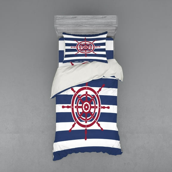 Ambesonne Nautical Bedding Set 3 Pcs, Red Ship Wheel, Twin XL, Navy Blue Red